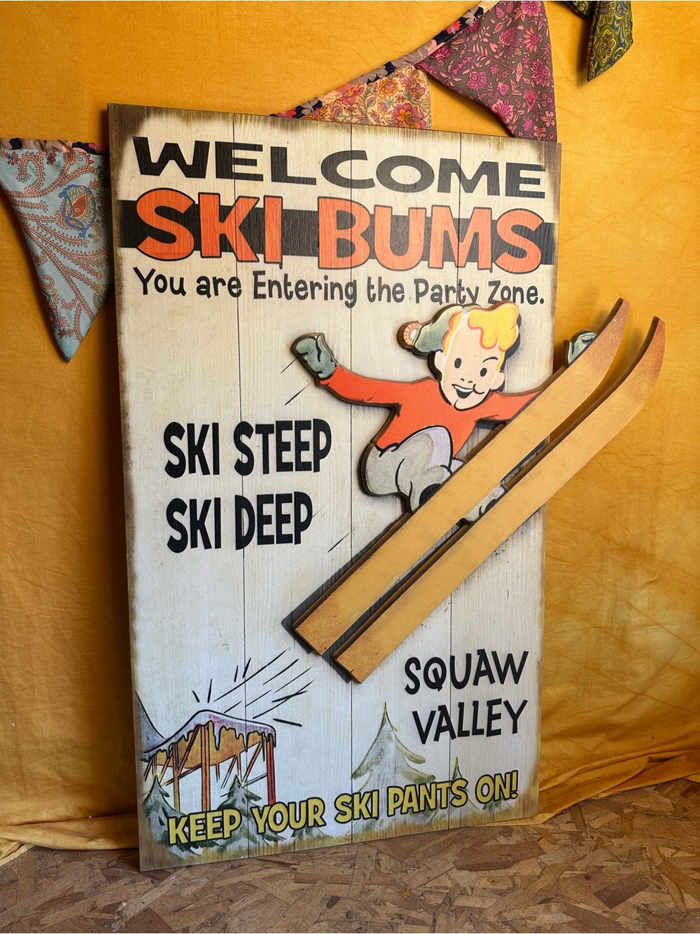 Ski Bums Wall Sign with Mounted Skis